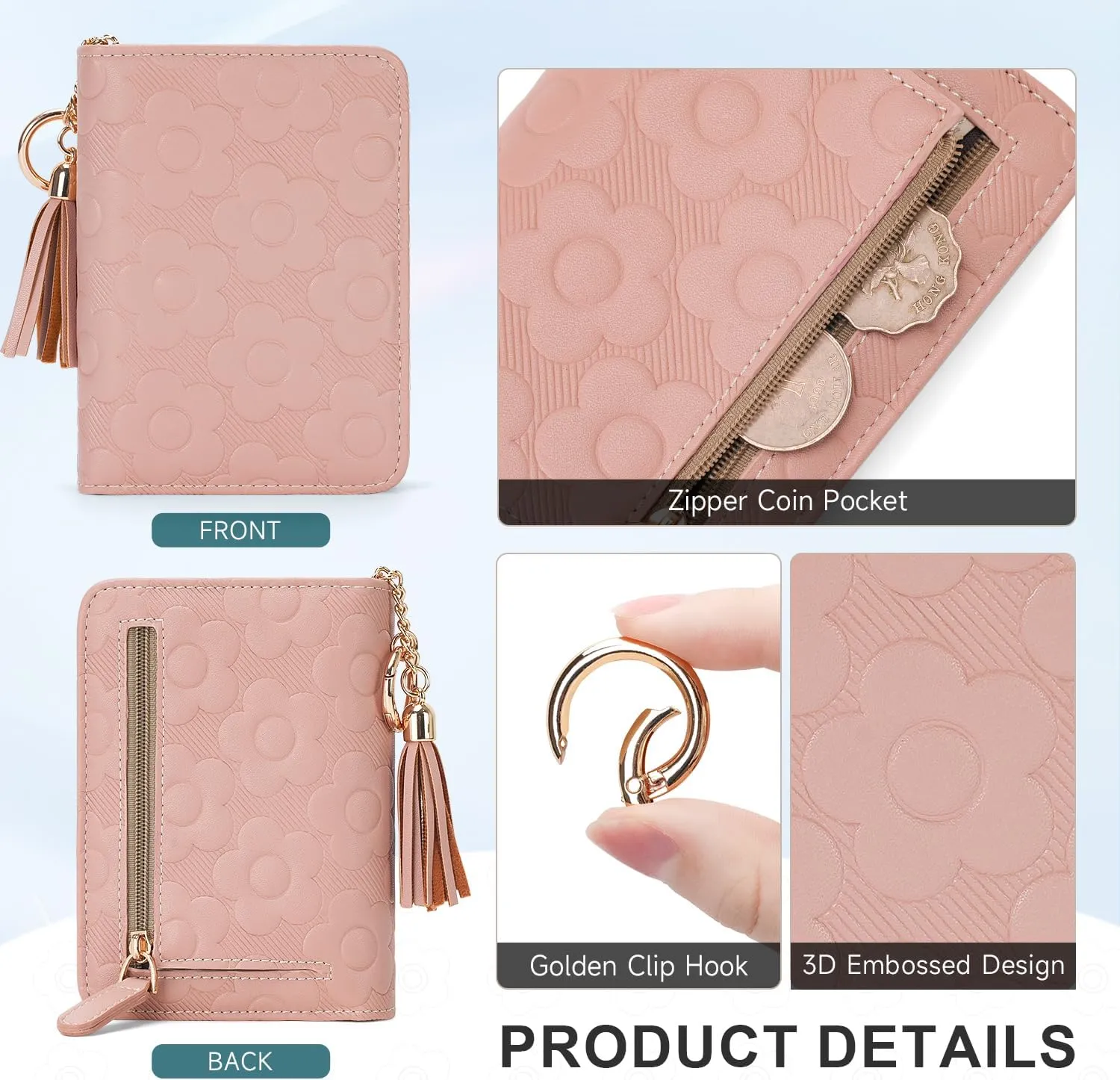RFID Blocking Wallet Women Cute Embossed Floral Leather Credit Card Holder Wallet for Women with Tassel Accordion Purse Bifold Ladies Small Womens Wallets with Zipper Coin Pocket Pink