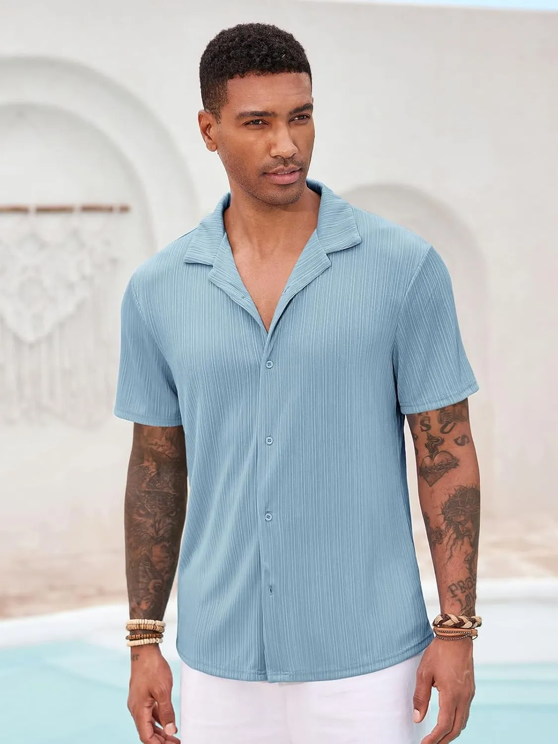 Runcati Mens Casual Button Down Shirts Short Sleeve Cuban Collar Textured Shirt Beach Summer Stretch Tops