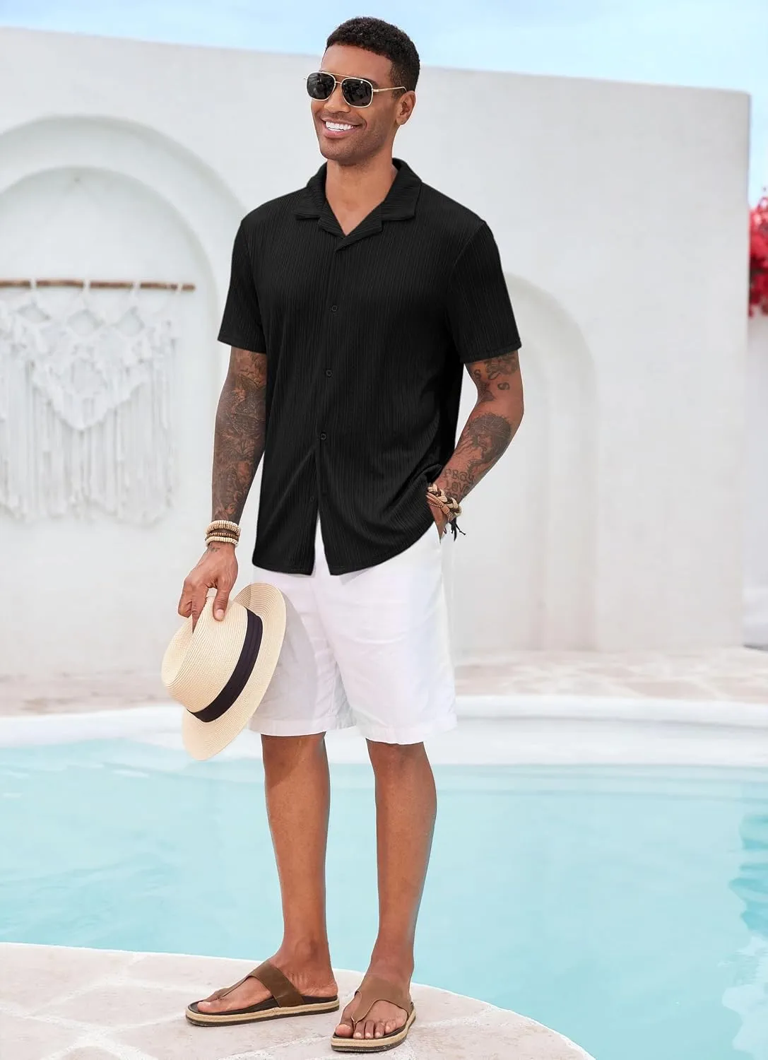 Runcati Mens Casual Button Down Shirts Short Sleeve Cuban Collar Textured Shirt Beach Summer Stretch Tops
