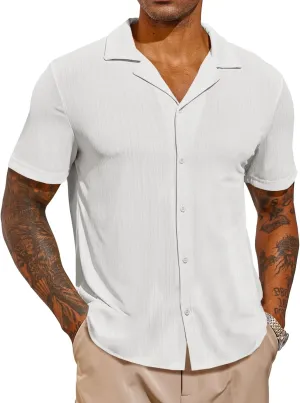 Runcati Mens Casual Button Down Shirts Short Sleeve Cuban Collar Textured Shirt Beach Summer Stretch Tops