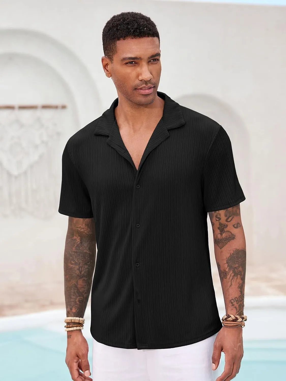 Runcati Mens Casual Button Down Shirts Short Sleeve Cuban Collar Textured Shirt Beach Summer Stretch Tops