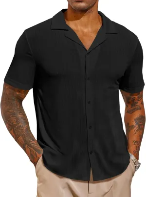 Runcati Mens Casual Button Down Shirts Short Sleeve Cuban Collar Textured Shirt Beach Summer Stretch Tops