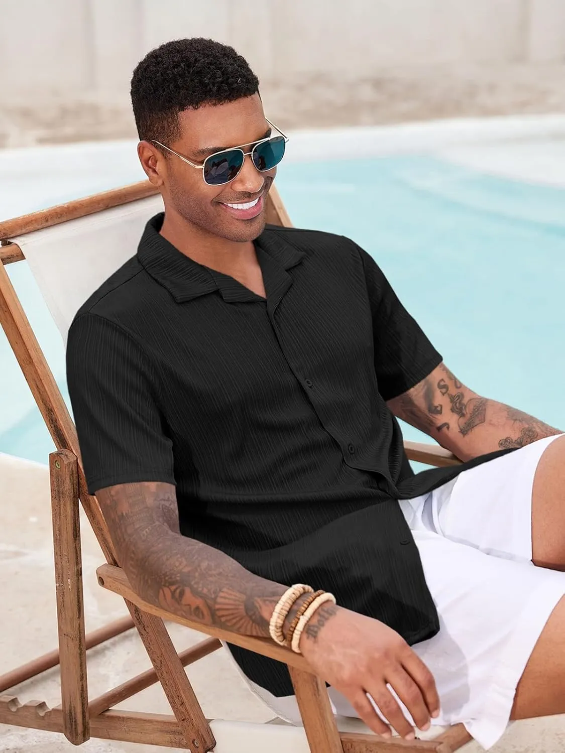 Runcati Mens Casual Button Down Shirts Short Sleeve Cuban Collar Textured Shirt Beach Summer Stretch Tops