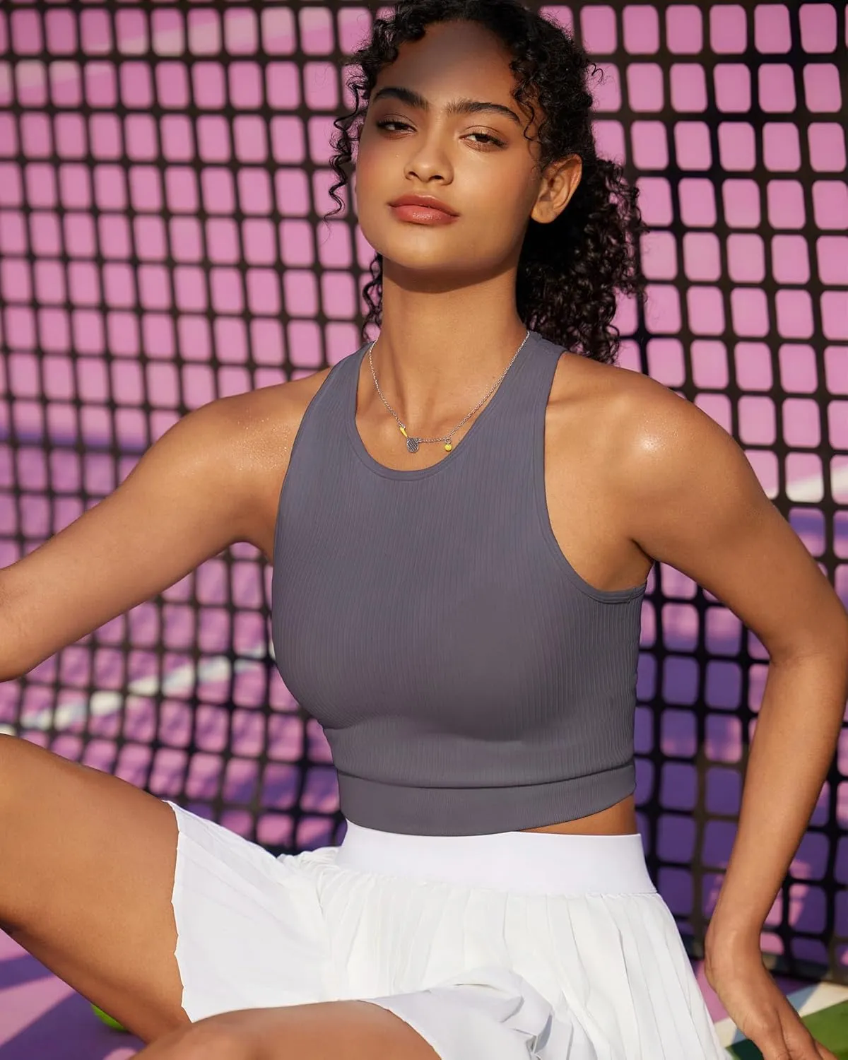 RUNNING GIRL Sports Bras for Women High Impact Seamless Ribbed Longline High Neck Workout Crop Tank Tops Padded