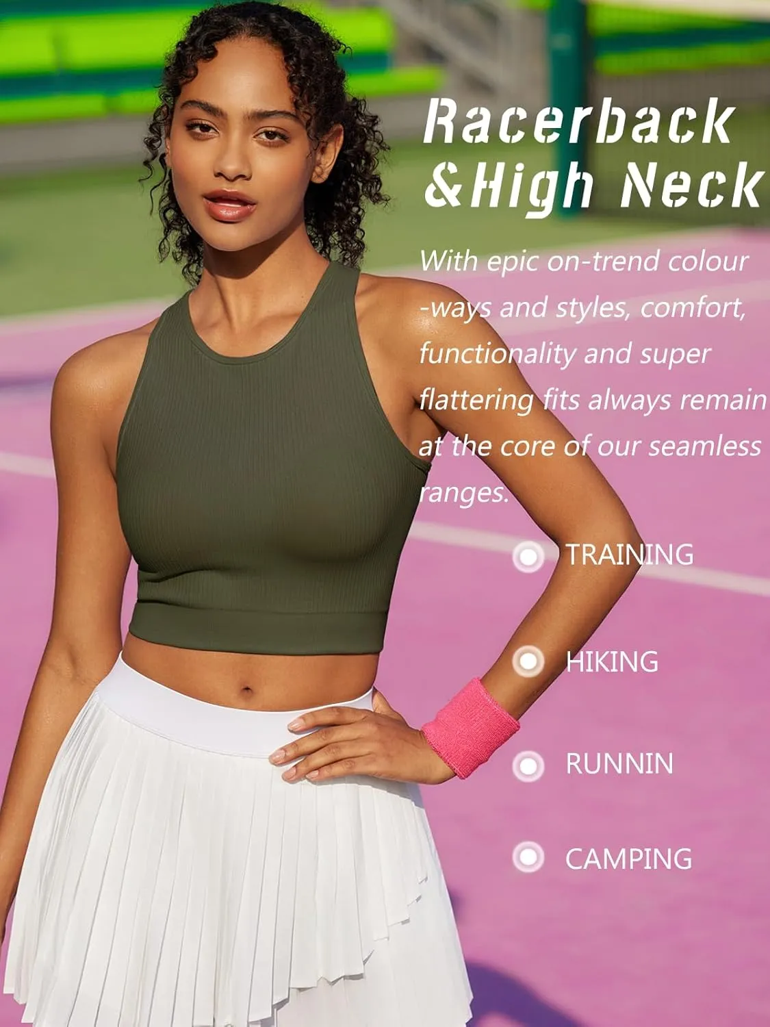RUNNING GIRL Sports Bras for Women High Impact Seamless Ribbed Longline High Neck Workout Crop Tank Tops Padded