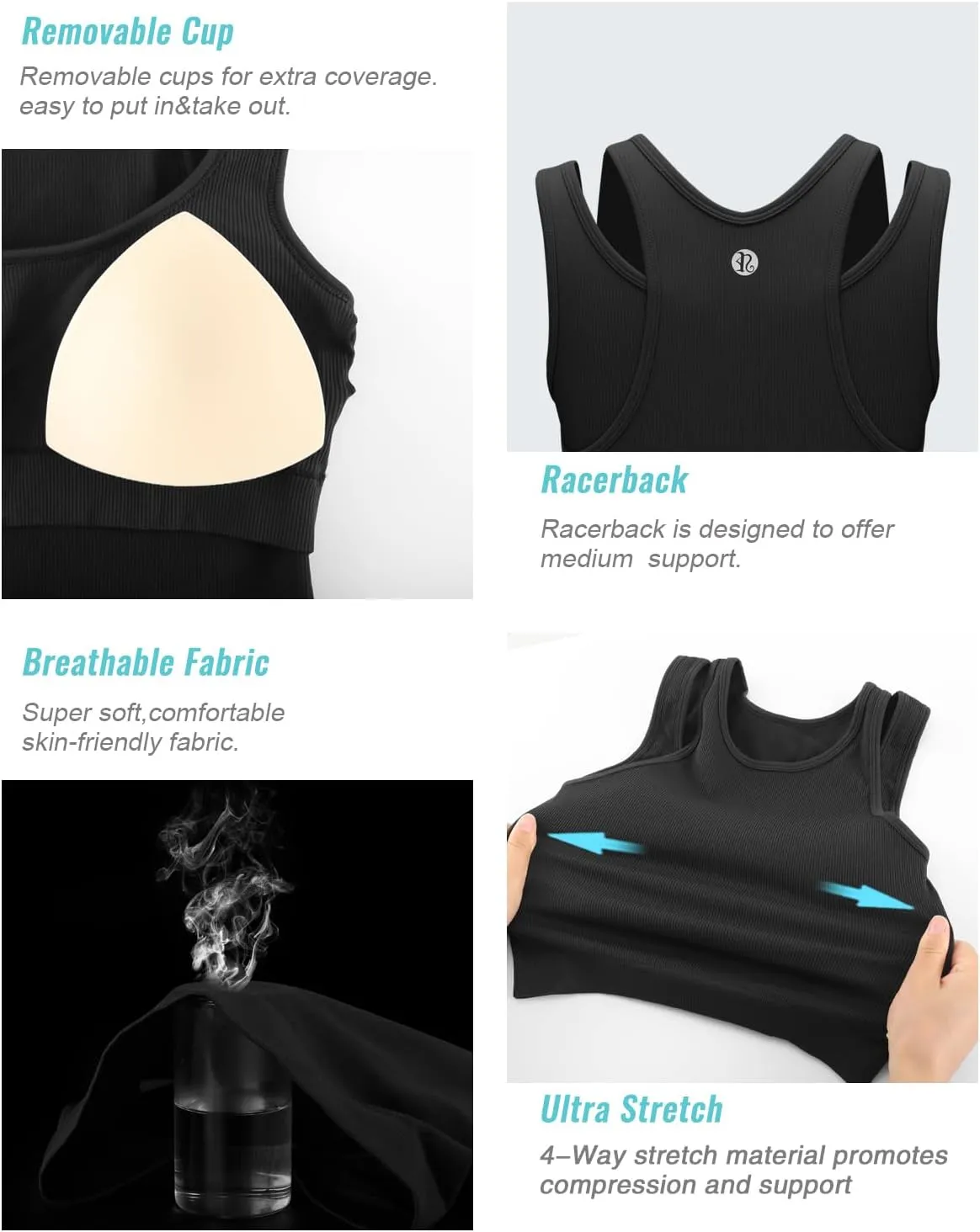RUNNING GIRL Sports Bras for Women High Impact Seamless Ribbed Longline High Neck Workout Crop Tank Tops Padded