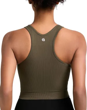 RUNNING GIRL Sports Bras for Women High Impact Seamless Ribbed Longline High Neck Workout Crop Tank Tops Padded