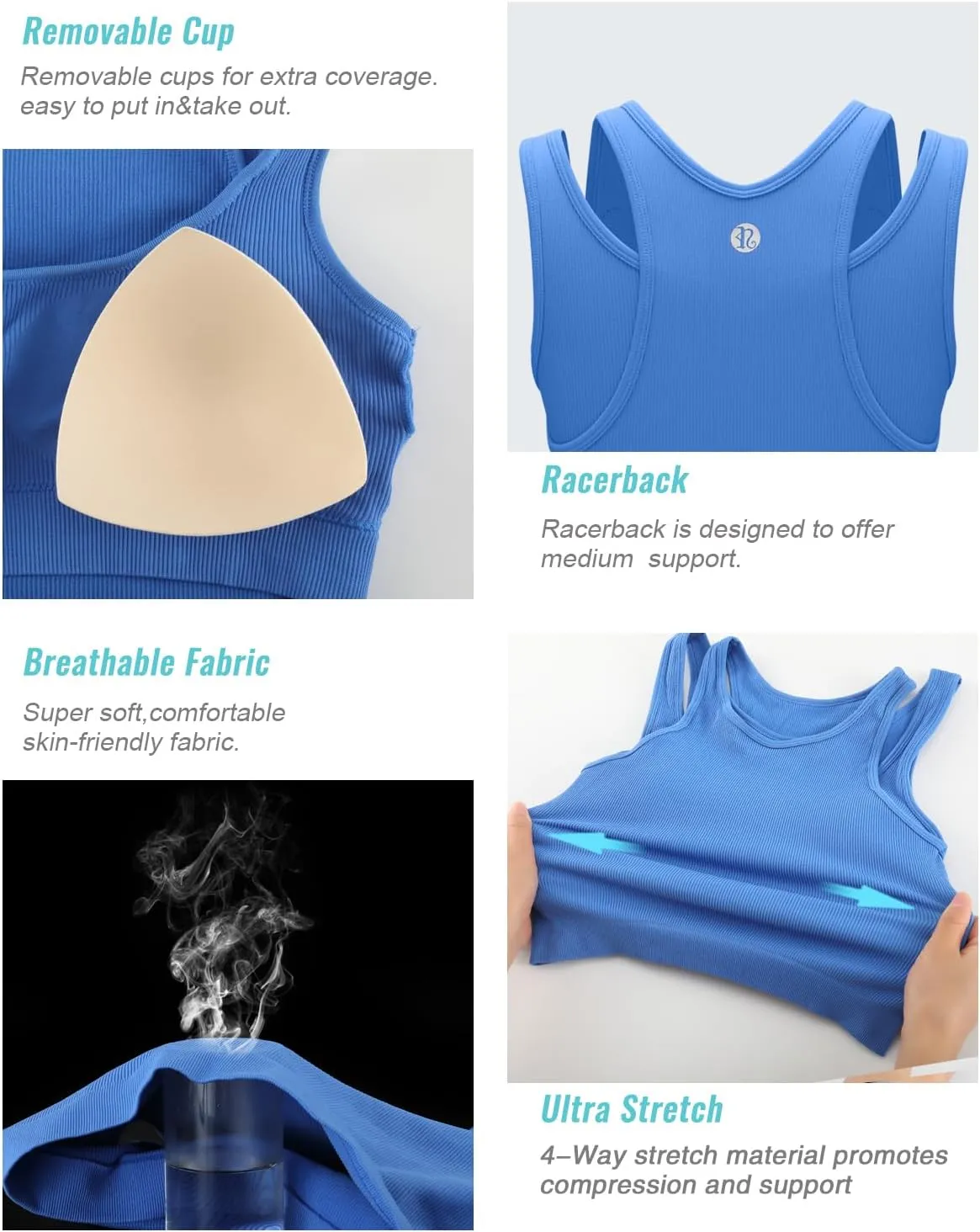 RUNNING GIRL Sports Bras for Women High Impact Seamless Ribbed Longline High Neck Workout Crop Tank Tops Padded