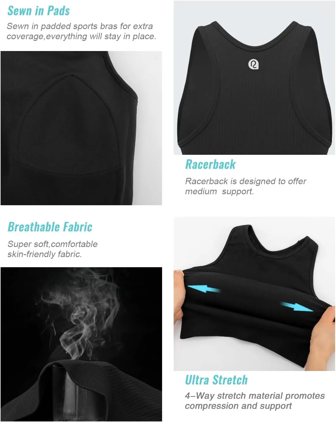 RUNNING GIRL Sports Bras for Women High Impact Seamless Ribbed Longline High Neck Workout Crop Tank Tops Padded