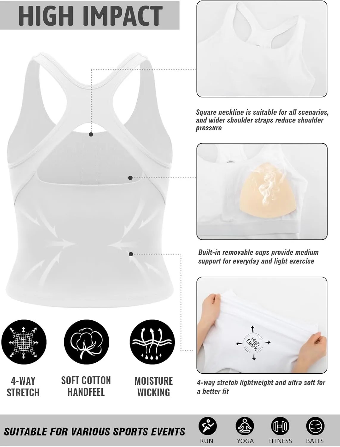 RUNNING GIRL Sports Bras for Women, Longline Racerback Crop Tank Top Compression Yoga Workout Tops with Removable Pads