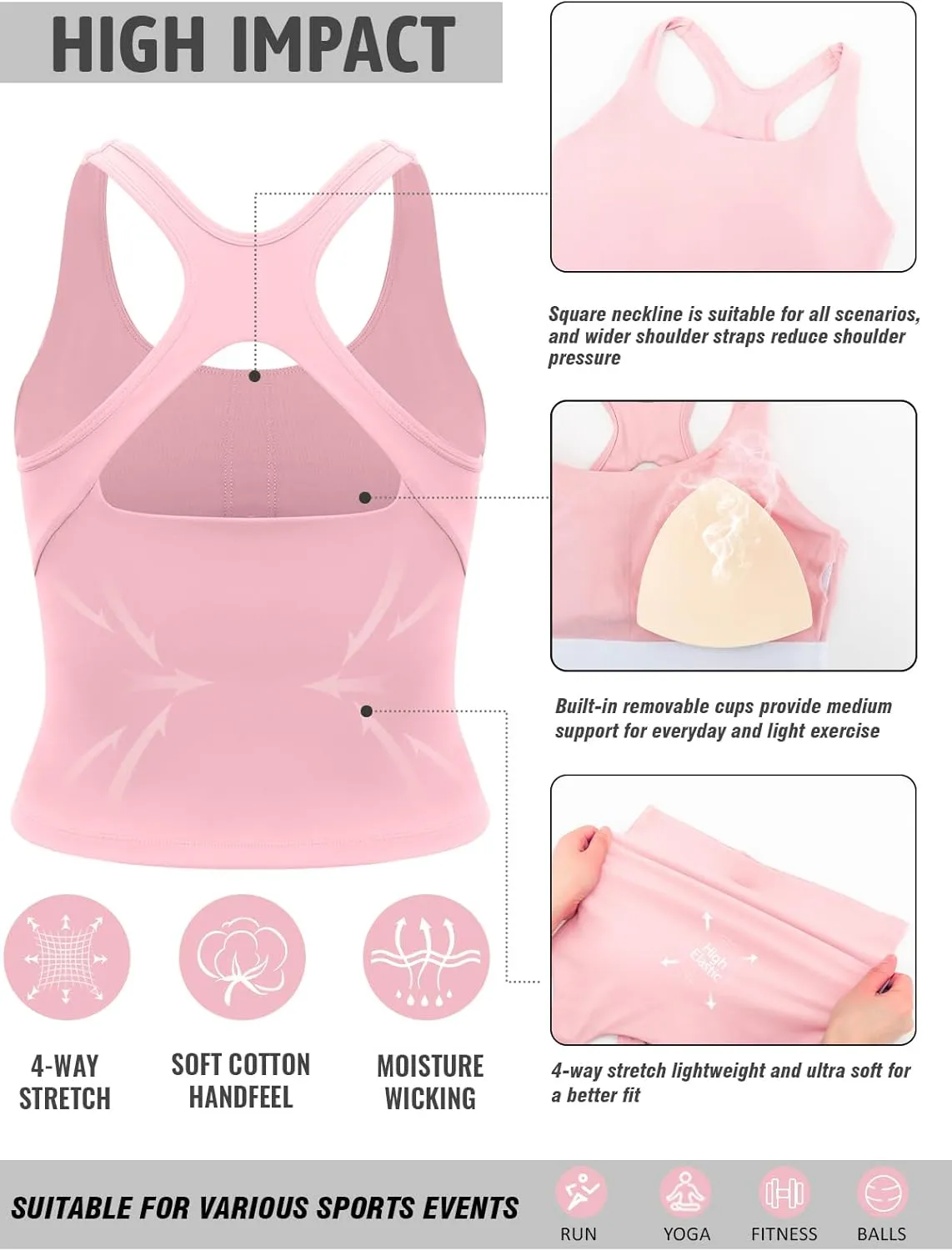 RUNNING GIRL Sports Bras for Women, Longline Racerback Crop Tank Top Compression Yoga Workout Tops with Removable Pads