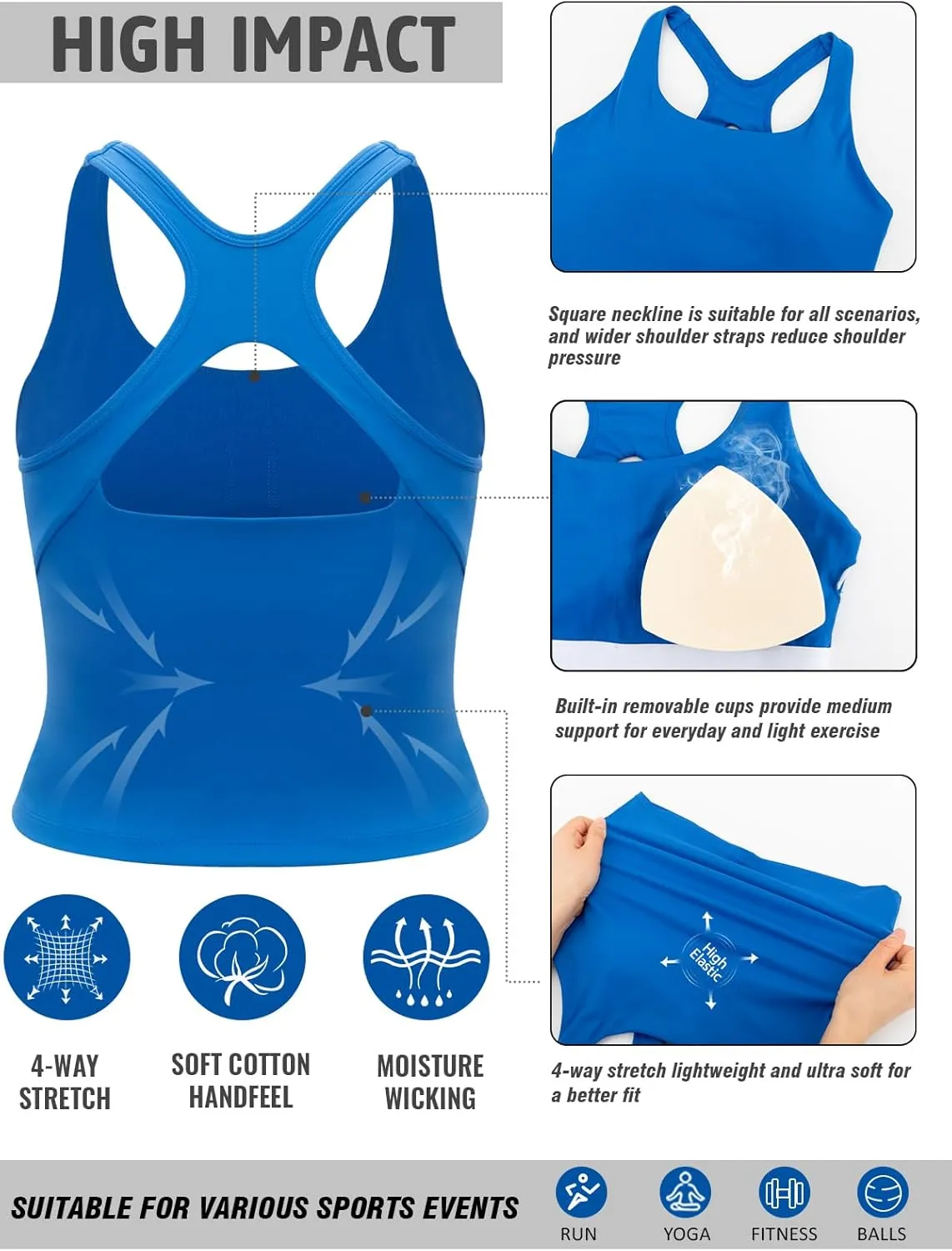 RUNNING GIRL Sports Bras for Women, Longline Racerback Crop Tank Top Compression Yoga Workout Tops with Removable Pads