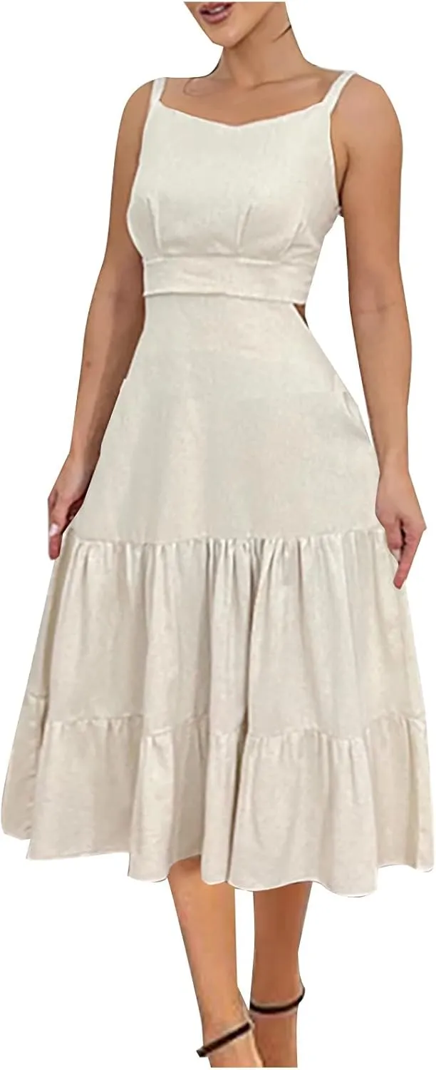 Ruziyoog Womens Summer Sleeveless Midi Dress Adjustable Spaghetti Strap Ruffle A Line Dress Empire Waist Tiered Flowy Dresses