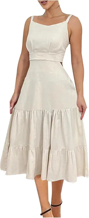Ruziyoog Womens Summer Sleeveless Midi Dress Adjustable Spaghetti Strap Ruffle A Line Dress Empire Waist Tiered Flowy Dresses