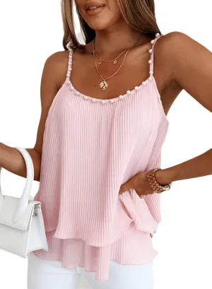 Samefar Womens V Neck Pearl Trim Tank Tops Double-Layer Ruffle Hem Adjustable Spaghetti Strap Camisole