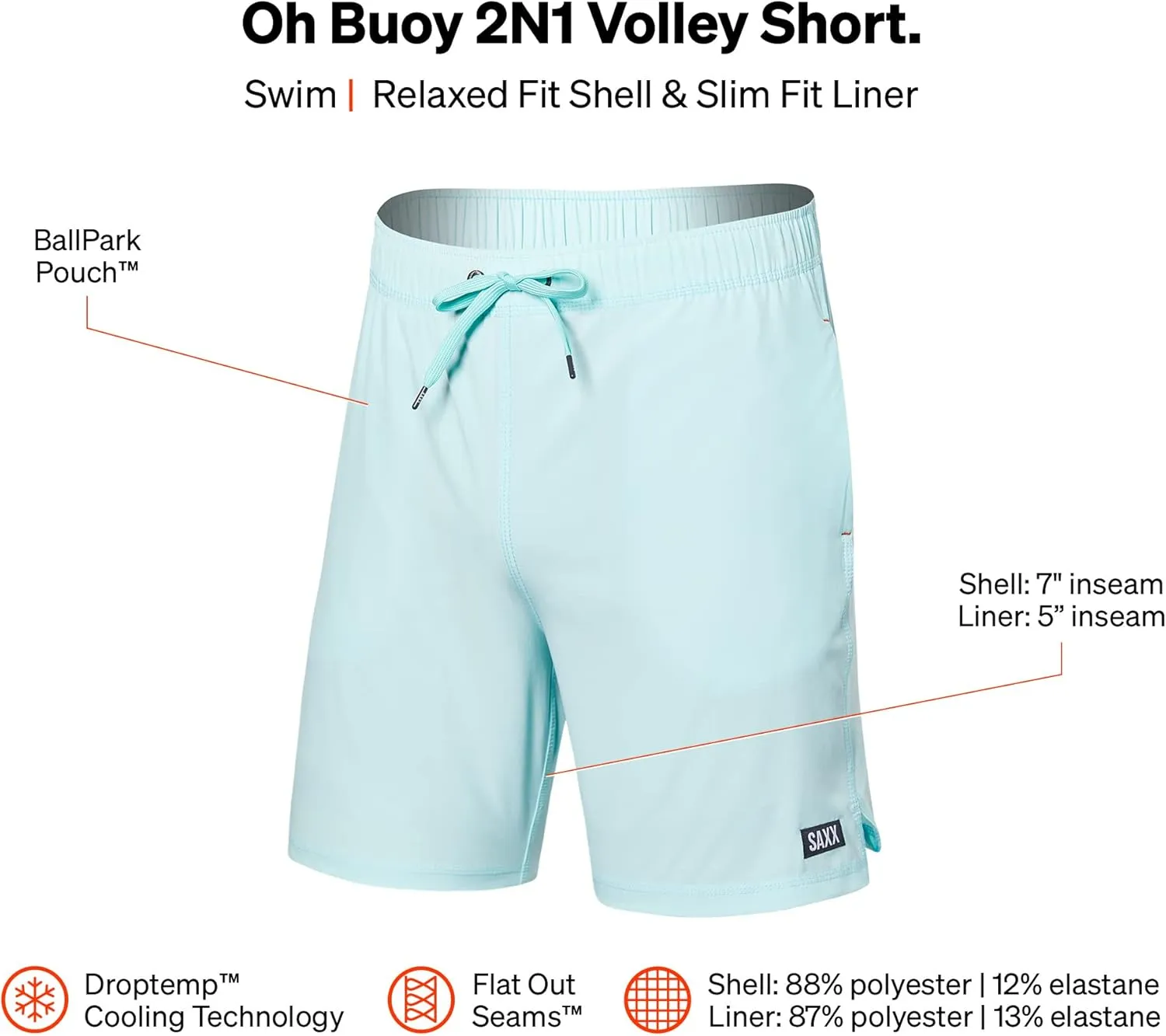 SAXX Underwear Co. Men's Oh Buoy 2N1 Volley 7" with Built-in Pouch Support, Fashion