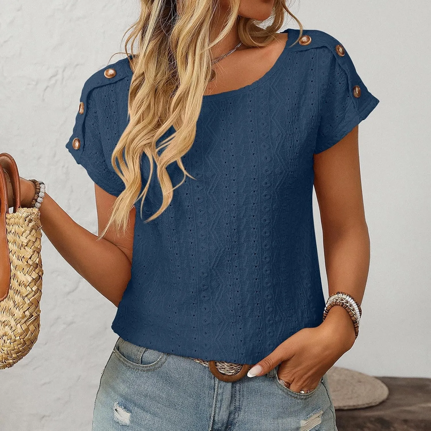 Short Sleeve Shirt Womens Round Neck Eyelet Embroidery Tee Blouse Hollow Out Going Out Basic Casual Loose Tops