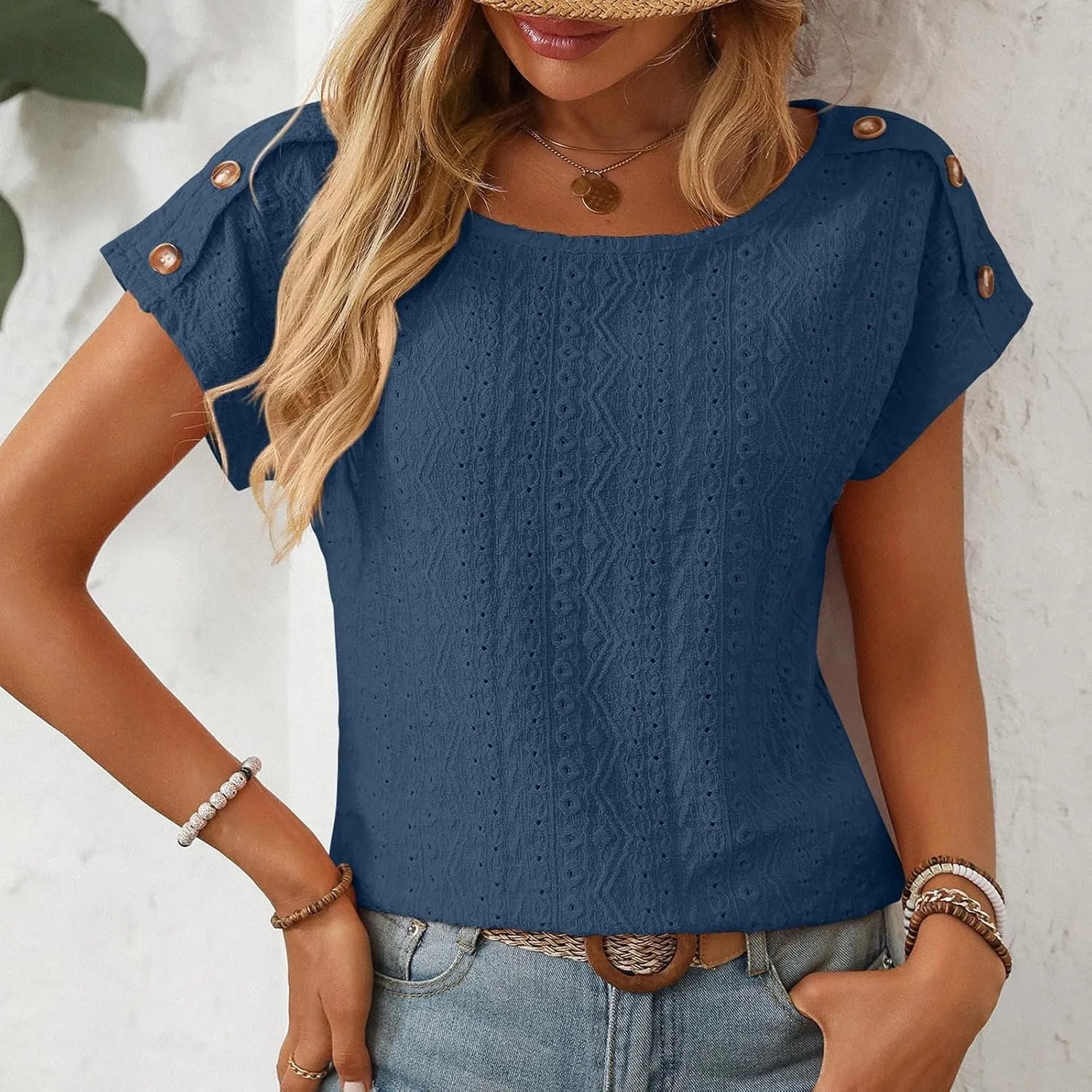 Short Sleeve Shirt Womens Round Neck Eyelet Embroidery Tee Blouse Hollow Out Going Out Basic Casual Loose Tops
