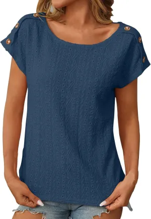 Short Sleeve Shirt Womens Round Neck Eyelet Embroidery Tee Blouse Hollow Out Going Out Basic Casual Loose Tops