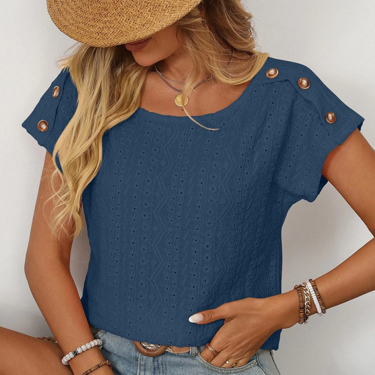 Short Sleeve Shirt Womens Round Neck Eyelet Embroidery Tee Blouse Hollow Out Going Out Basic Casual Loose Tops