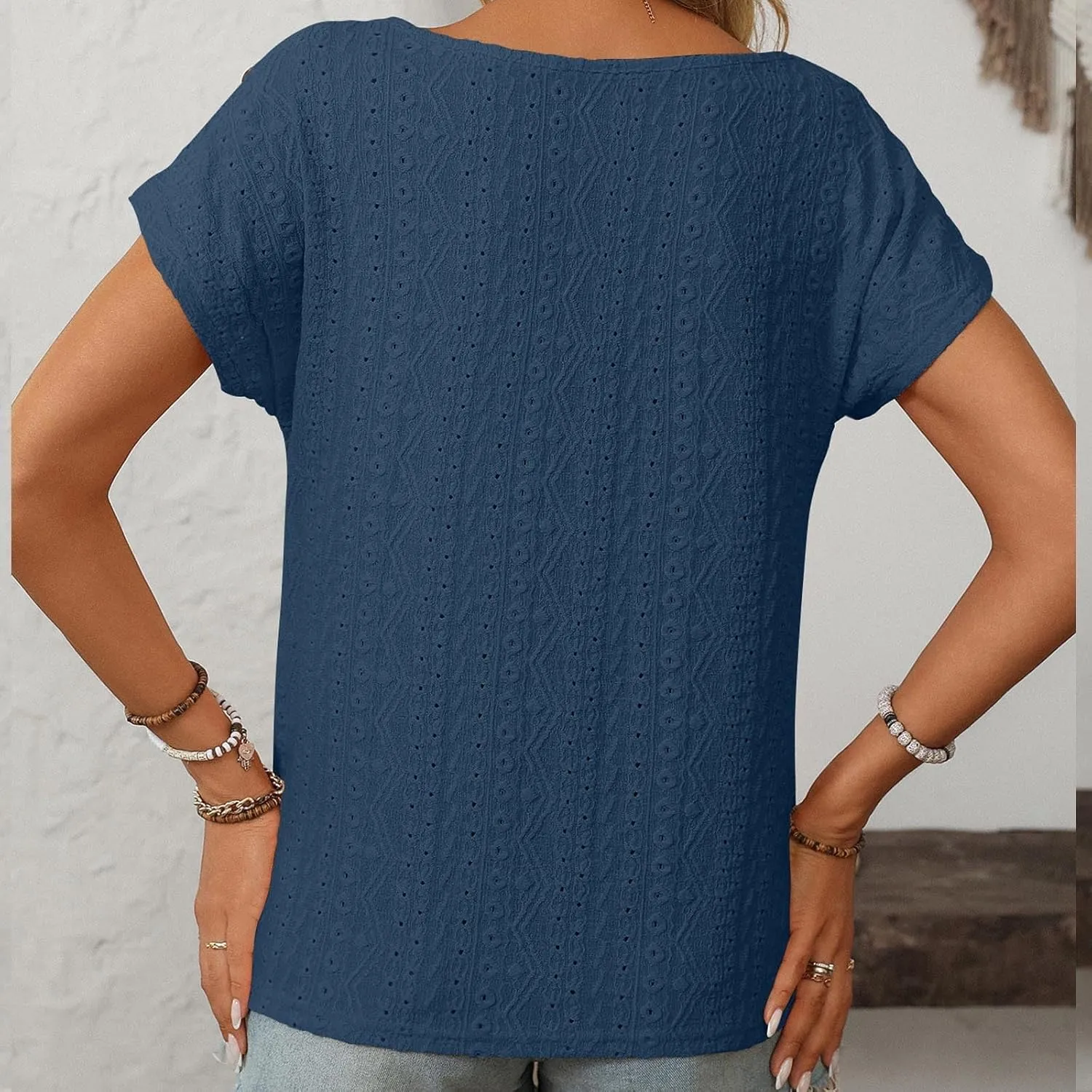 Short Sleeve Shirt Womens Round Neck Eyelet Embroidery Tee Blouse Hollow Out Going Out Basic Casual Loose Tops