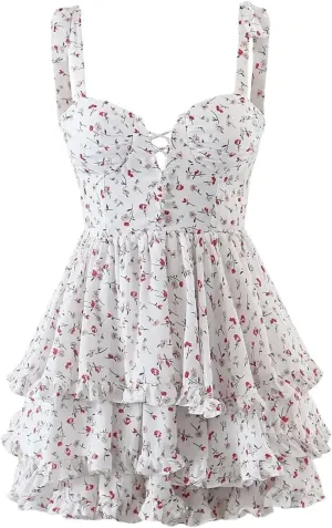 Shoulder Straps Dress for Women Floral Print Layer Ruffle Mini Dress Ladies Holiday Party Short Unique Dress