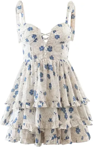 Shoulder Straps Dress for Women Floral Print Layer Ruffle Mini Dress Ladies Holiday Party Short Unique Dress