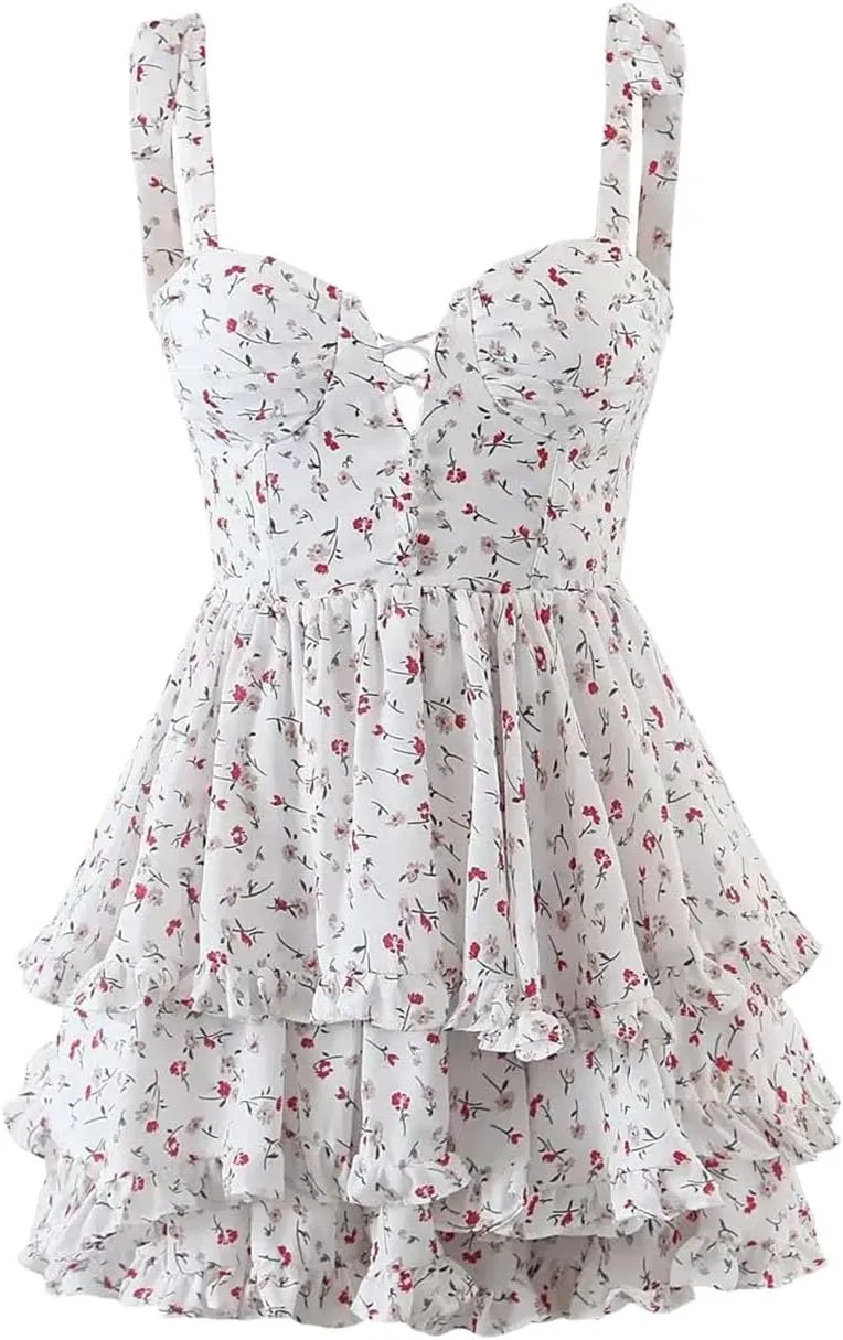 Shoulder Straps Dress for Women Floral Print Layer Ruffle Mini Dress Ladies Holiday Party Short Unique Dress