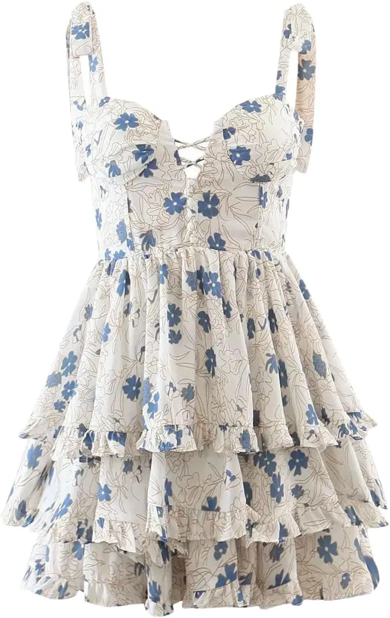 Shoulder Straps Dress for Women Floral Print Layer Ruffle Mini Dress Ladies Holiday Party Short Unique Dress