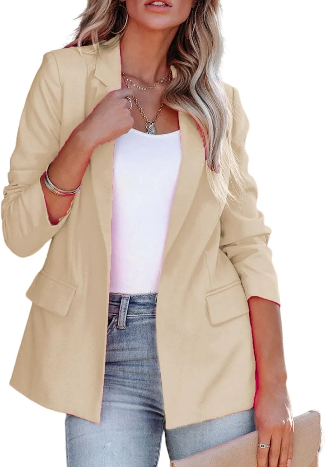 Smoneyful Women's Blazers Business Casual Jacket Suit Long Sleeve Open Front Slim Fit for Work Office 2025 Trendy