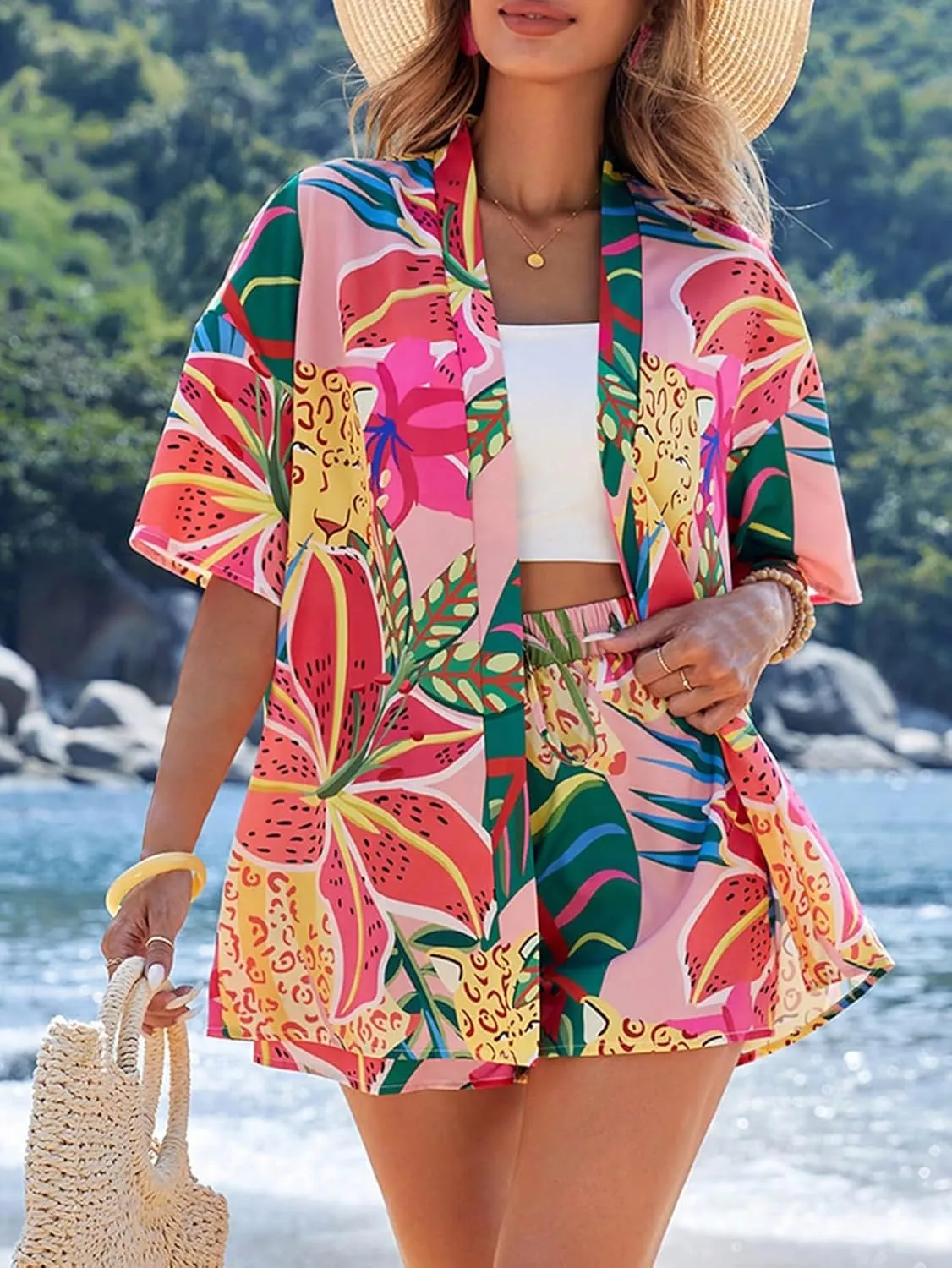 SOLY HUX Women's Summer 2 Piece Outfits Tropical Print Open Front Half Sleeve Kimono and Shorts Set