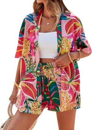 SOLY HUX Women's Summer 2 Piece Outfits Tropical Print Open Front Half Sleeve Kimono and Shorts Set