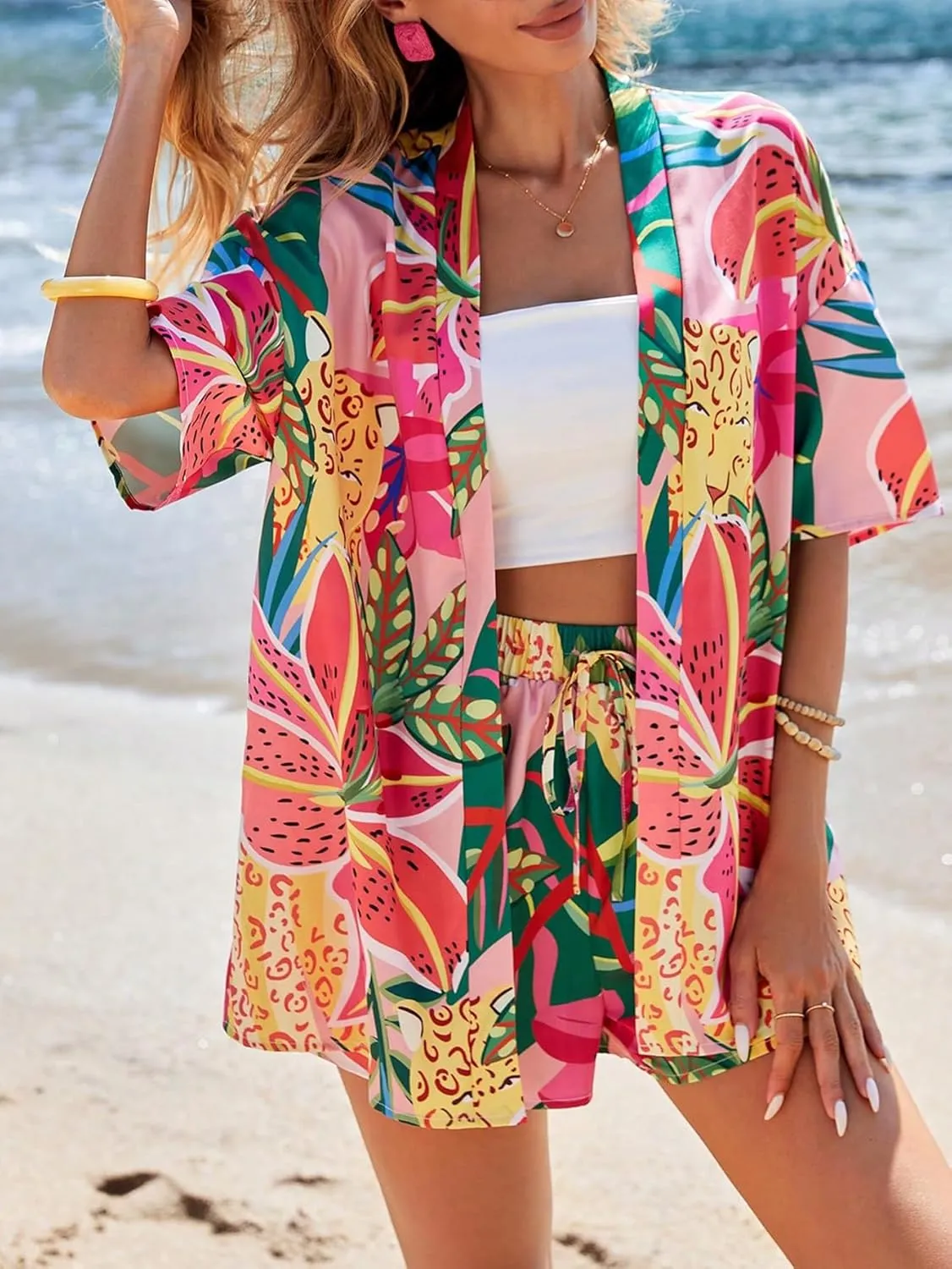 SOLY HUX Women's Summer 2 Piece Outfits Tropical Print Open Front Half Sleeve Kimono and Shorts Set
