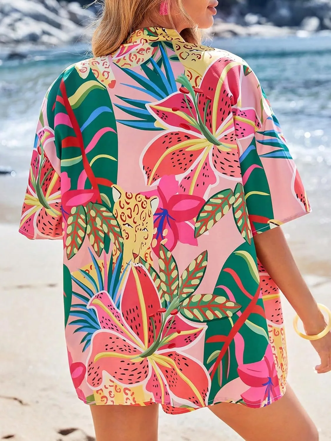 SOLY HUX Women's Summer 2 Piece Outfits Tropical Print Open Front Half Sleeve Kimono and Shorts Set