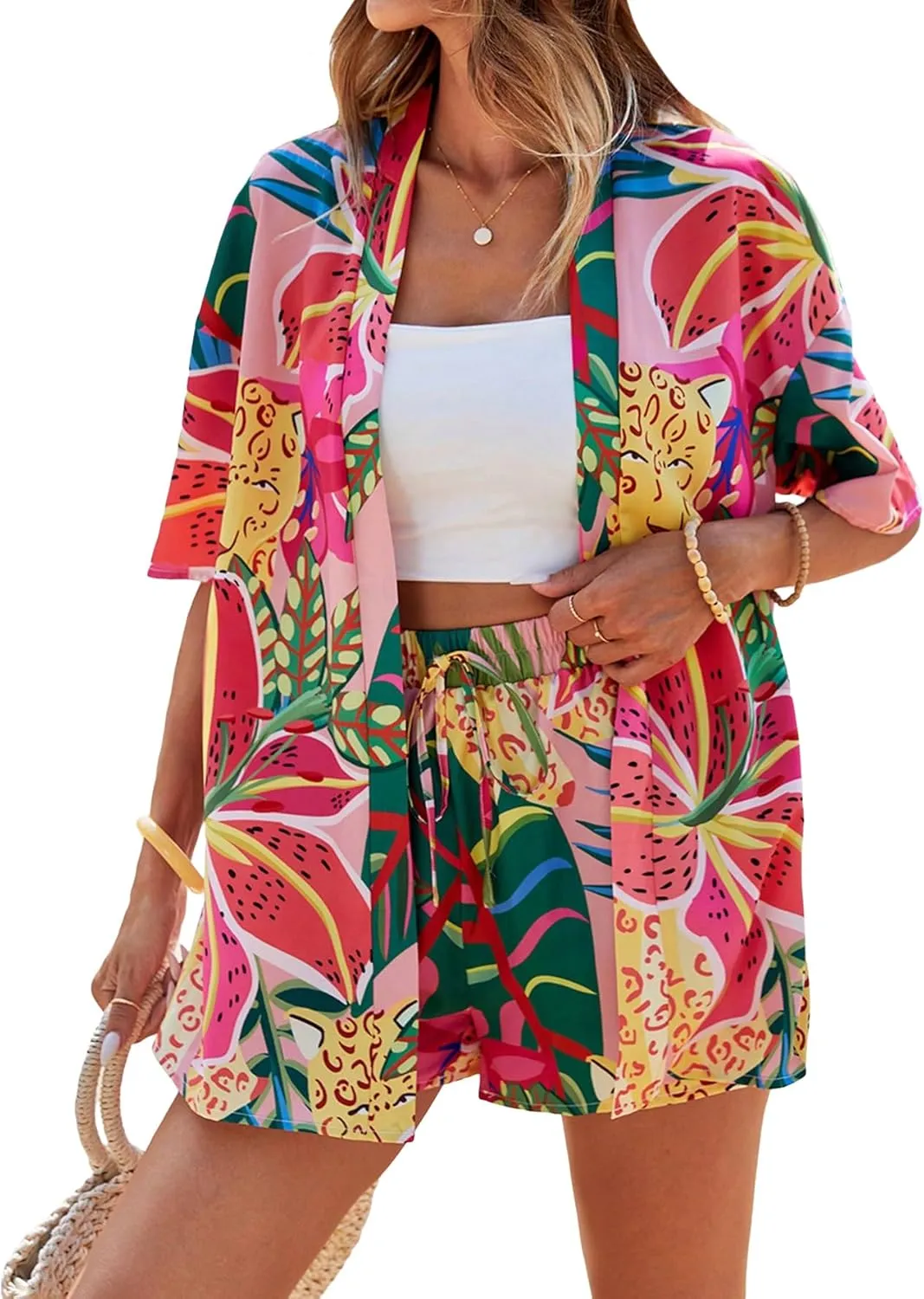 SOLY HUX Women's Summer 2 Piece Outfits Tropical Print Open Front Half Sleeve Kimono and Shorts Set