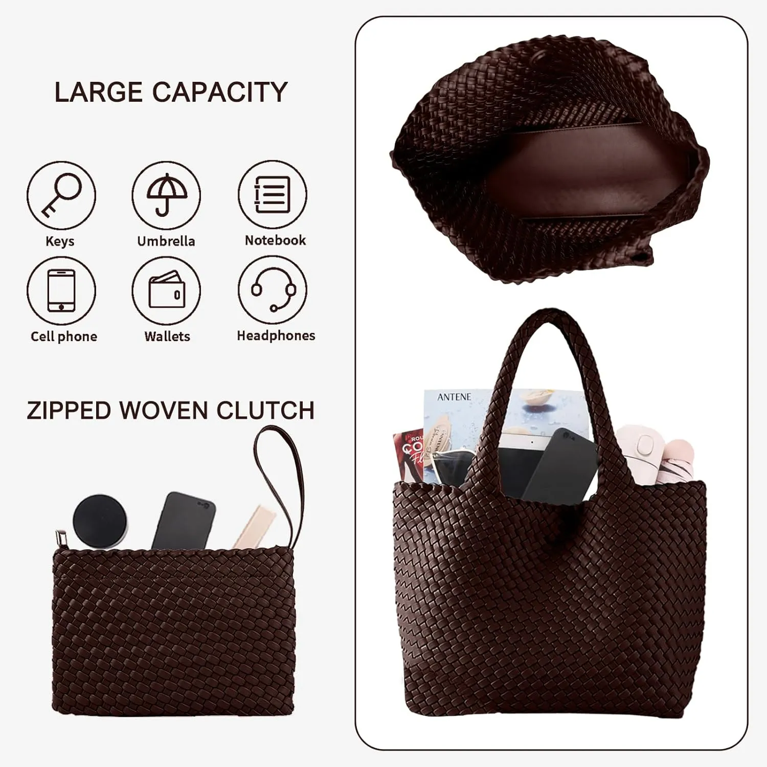 SporGenius Woven Bag for Women, Vegan Leather Tote Bag Large Summer Beach Travel Handbag with Handmade Purse