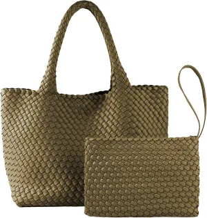 SporGenius Woven Bag for Women, Vegan Leather Tote Bag Large Summer Beach Travel Handbag with Handmade Purse
