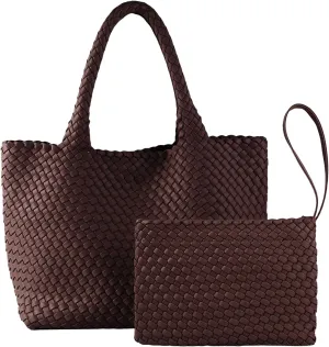 SporGenius Woven Bag for Women, Vegan Leather Tote Bag Large Summer Beach Travel Handbag with Handmade Purse