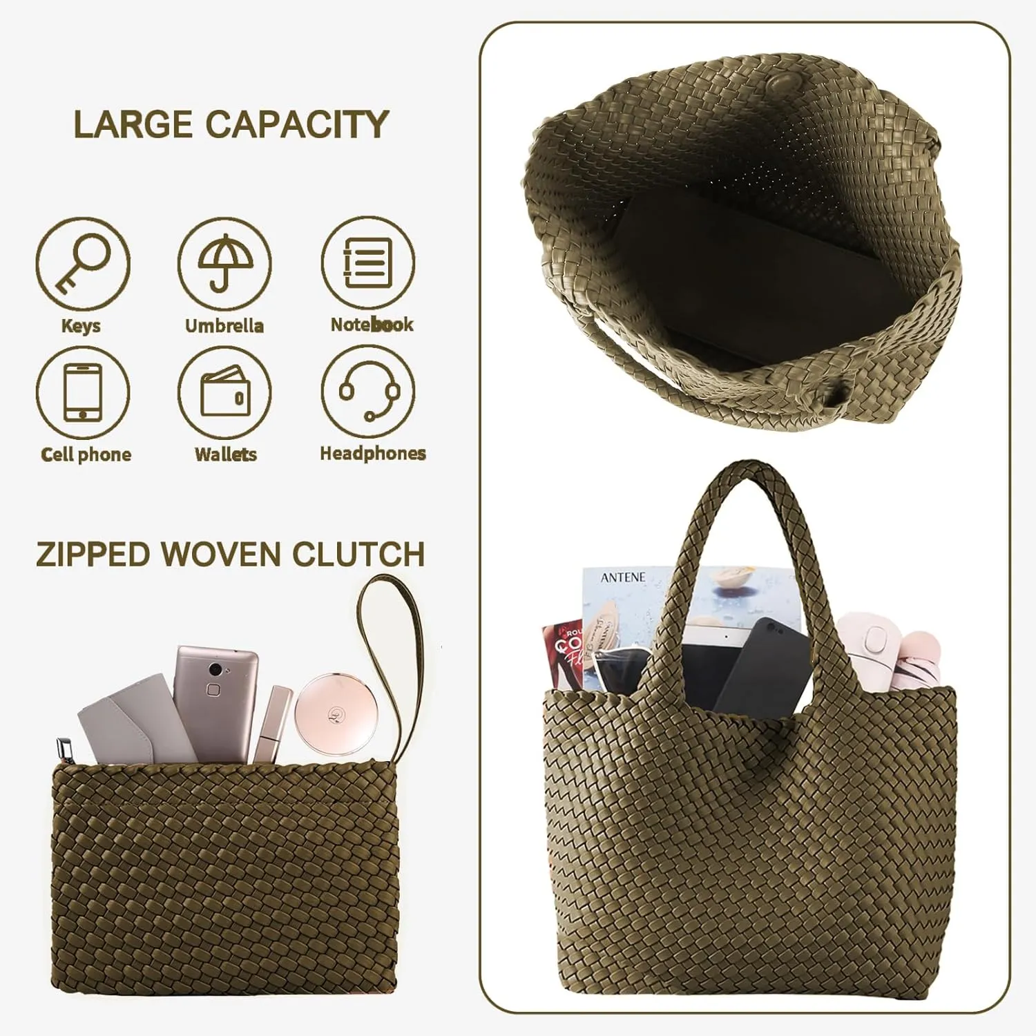 SporGenius Woven Bag for Women, Vegan Leather Tote Bag Large Summer Beach Travel Handbag with Handmade Purse
