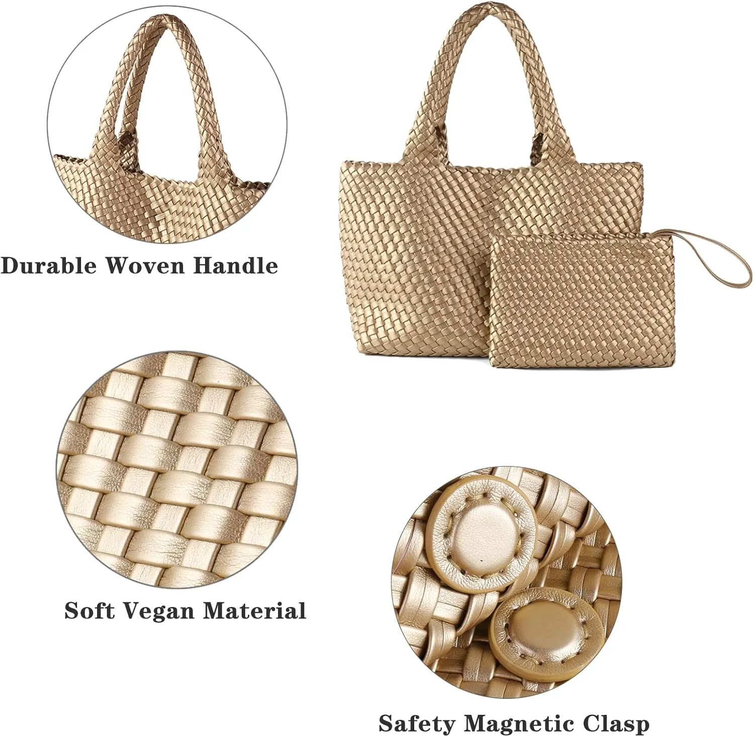 SporGenius Woven Tote Bag for Women, Vegan Leather Beach Bags with Small Purse, Large Travel Top Handle Handbags