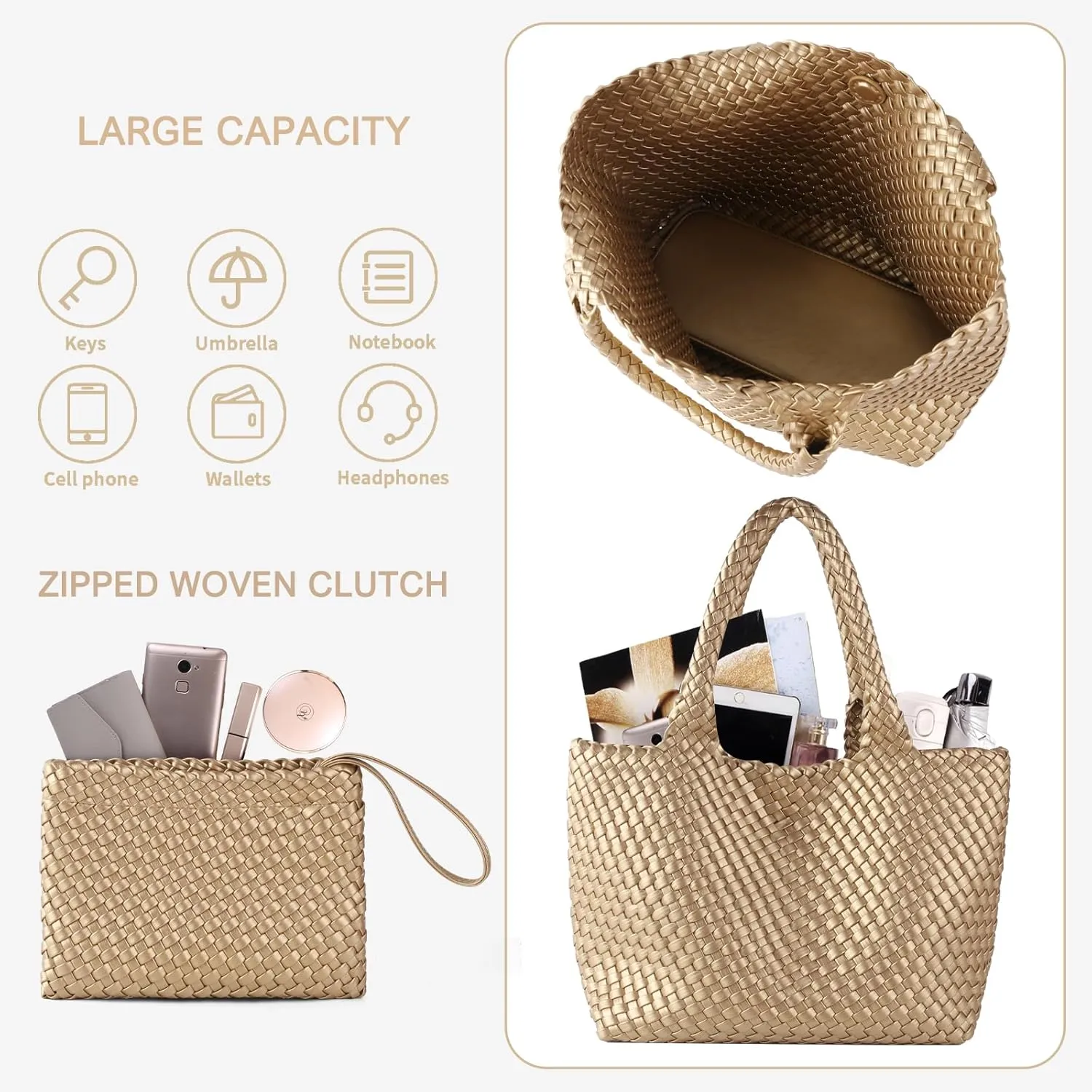 SporGenius Woven Tote Bag for Women, Vegan Leather Beach Bags with Small Purse, Large Travel Top Handle Handbags