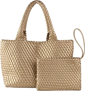 SporGenius Woven Tote Bag for Women, Vegan Leather Beach Bags with Small Purse, Large Travel Top Handle Handbags