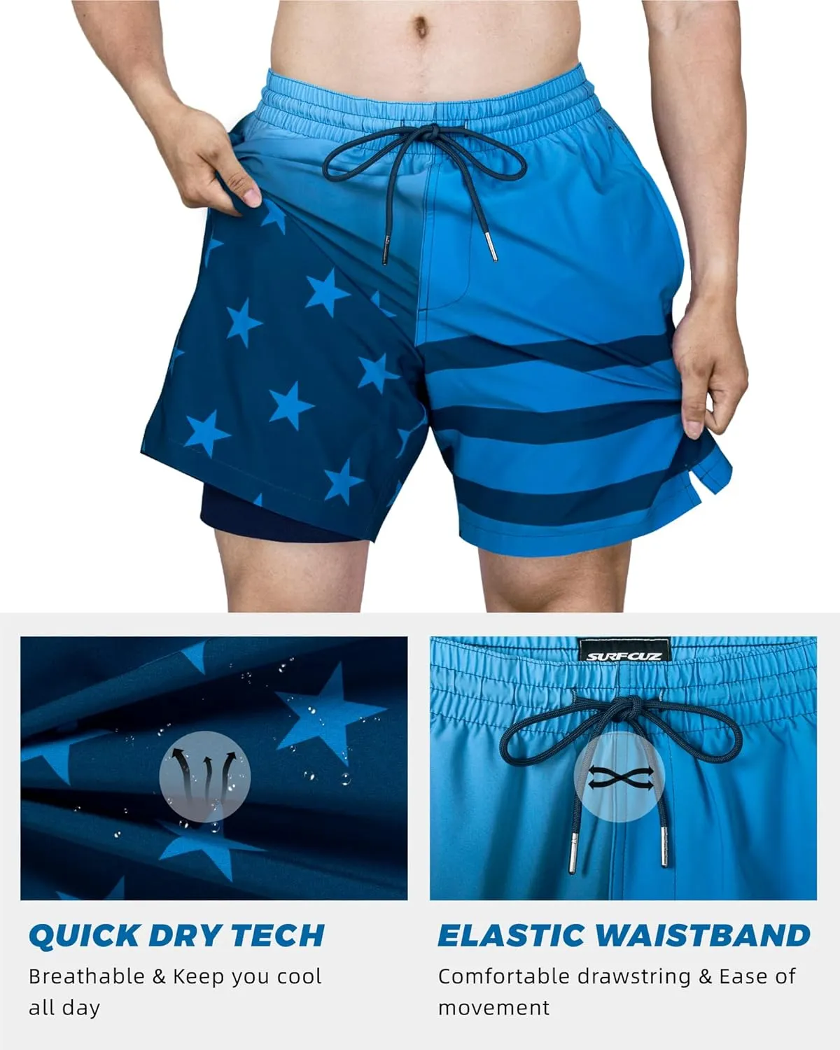 SURF CUZ Mens Swim Trunks with Compression Liner Swim Shorts 7" Swimming Trunks Stretch 7 Inch Swim Suits Quick Dry