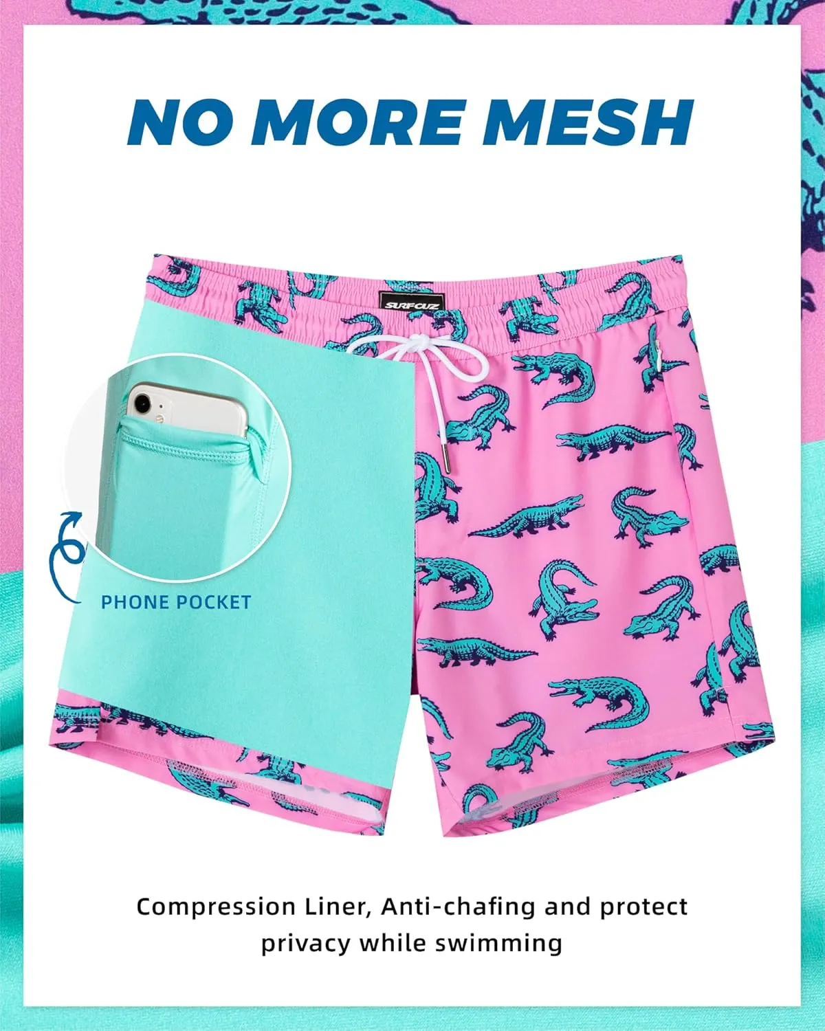 SURF CUZ Mens Swim Trunks with Compression Liner Swimming Trunks 5 Inch Bathing Suit Quick Dry Swim Shorts