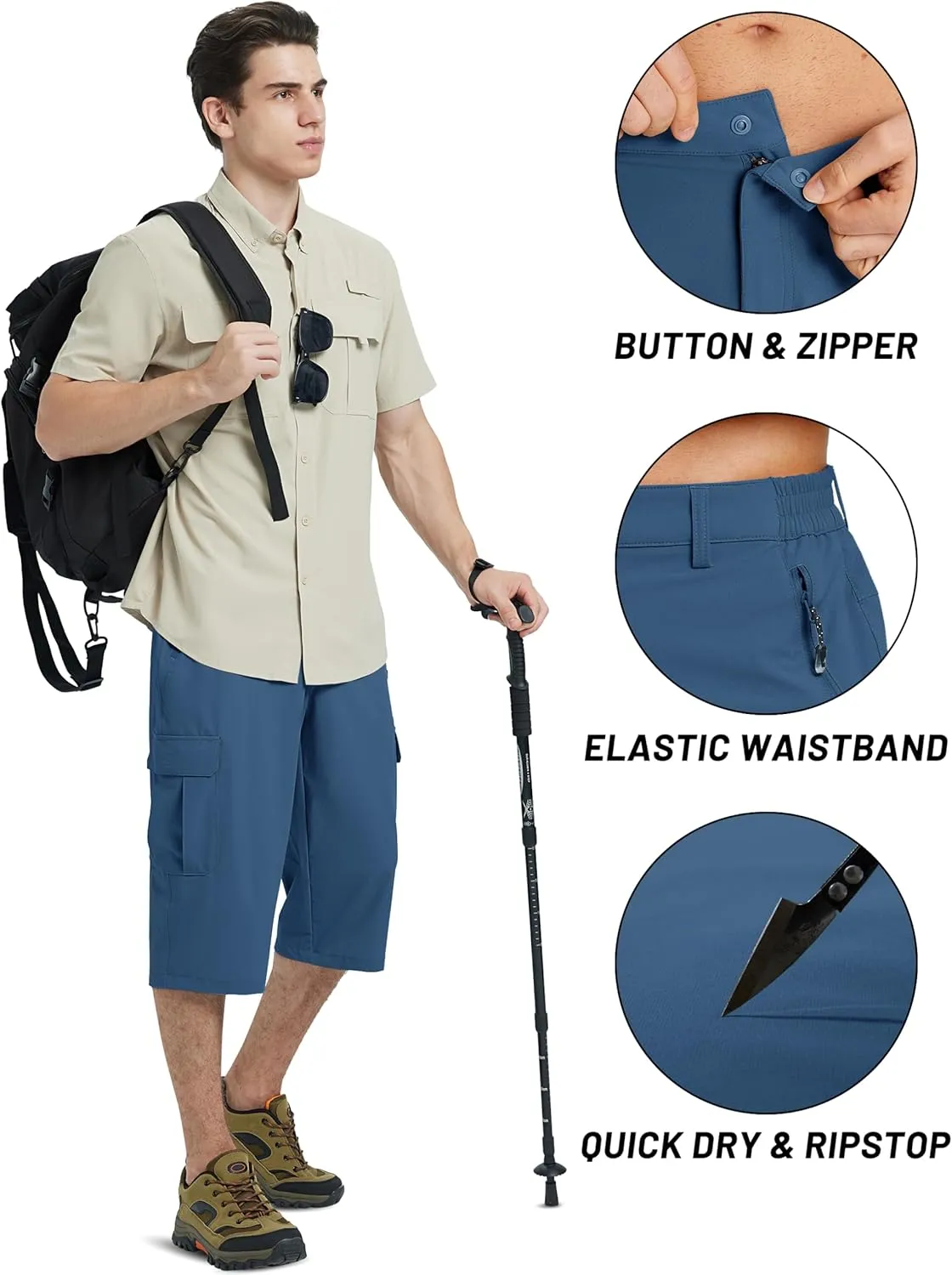 TACVASEN Men's Capri Pants Cargo Long Shorts Quick Dry Lightweight 3/4 Pants Below Knee Summer Hiking Work