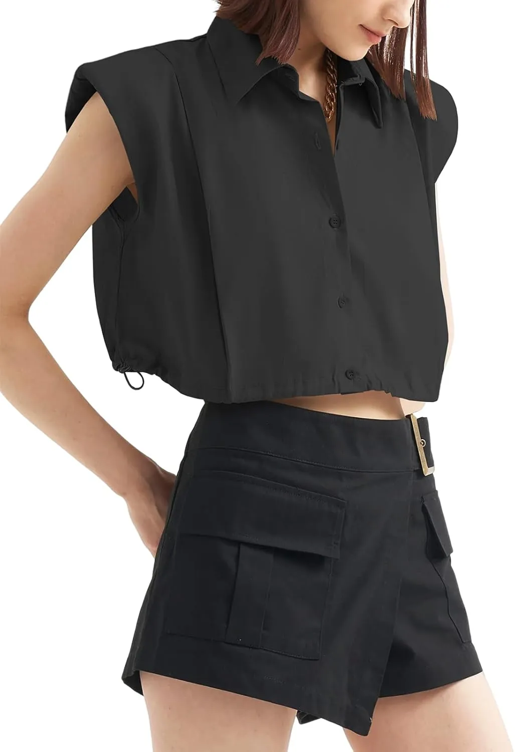 Tankaneo Womens Sleeveless Button Down Shirts Casual Loose V Neck Pad Shoulder Crop Tank Top