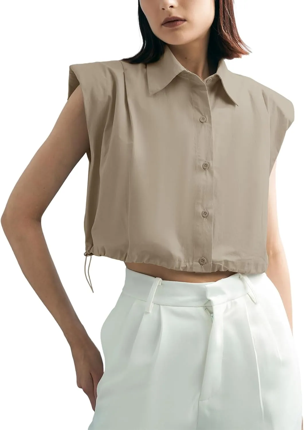 Tankaneo Womens Sleeveless Button Down Shirts Casual Loose V Neck Pad Shoulder Crop Tank Top