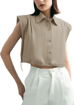 Tankaneo Womens Sleeveless Button Down Shirts Casual Loose V Neck Pad Shoulder Crop Tank Top
