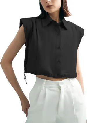 Tankaneo Womens Sleeveless Button Down Shirts Casual Loose V Neck Pad Shoulder Crop Tank Top