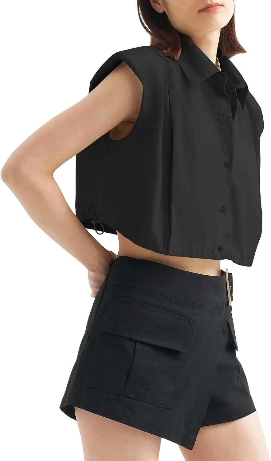 Tankaneo Womens Sleeveless Button Down Shirts Casual Loose V Neck Pad Shoulder Crop Tank Top